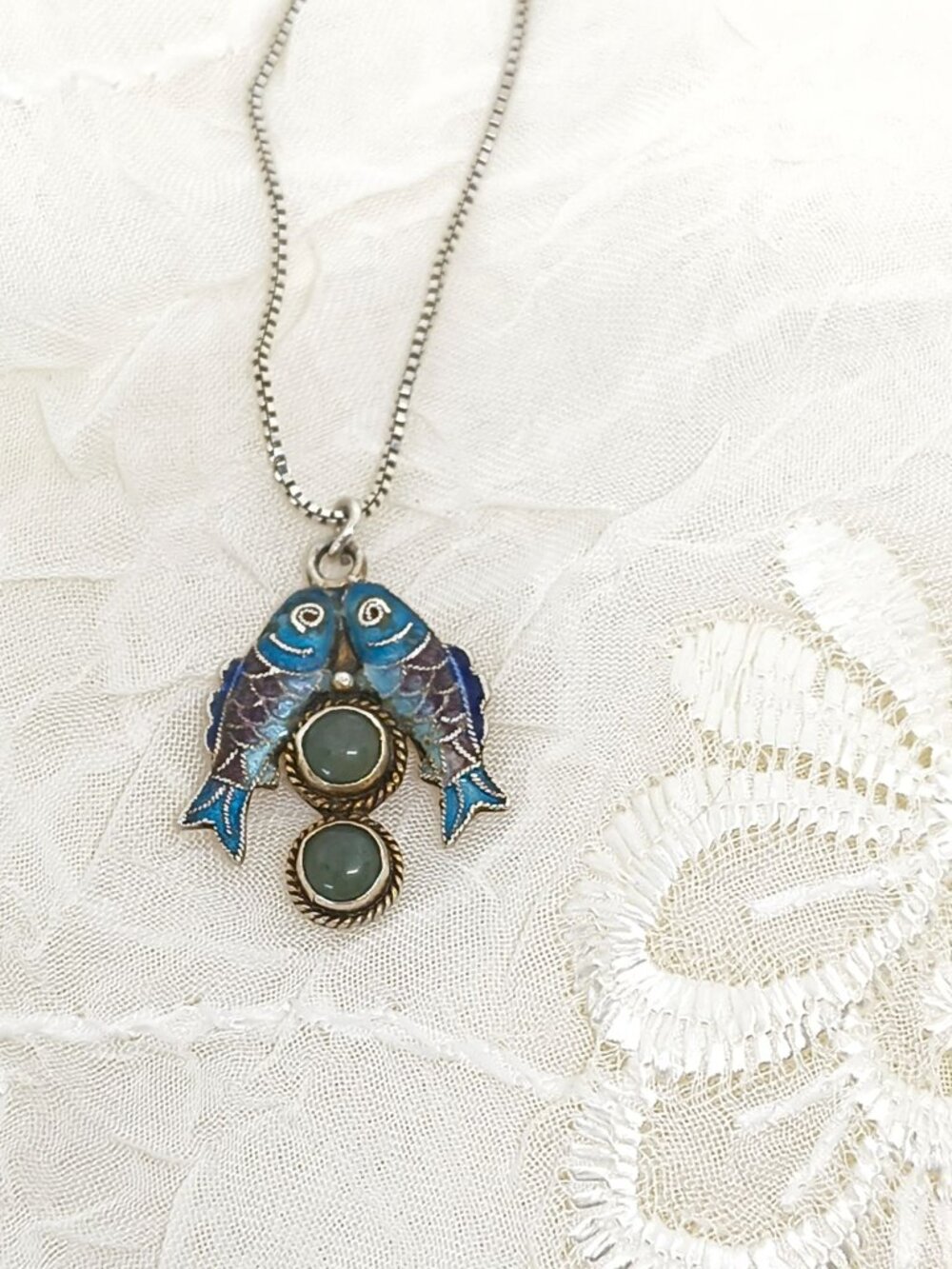 Sterling Silver Kissing Koi Pendant with Blue Cloisonné Enamel & 925 Box Chain